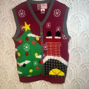 Womens Ugly Christmas Sweater Vest L Christmas Tree Chimney Santa Red Green